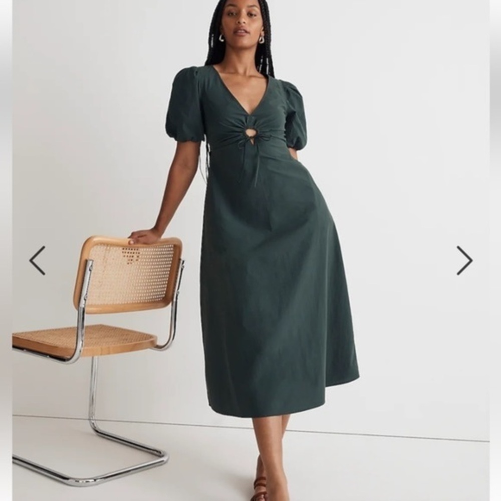 Madewell Poplin Cut Out Puff Sleeve Midi Dress Dark Palm Green size 6 NWT